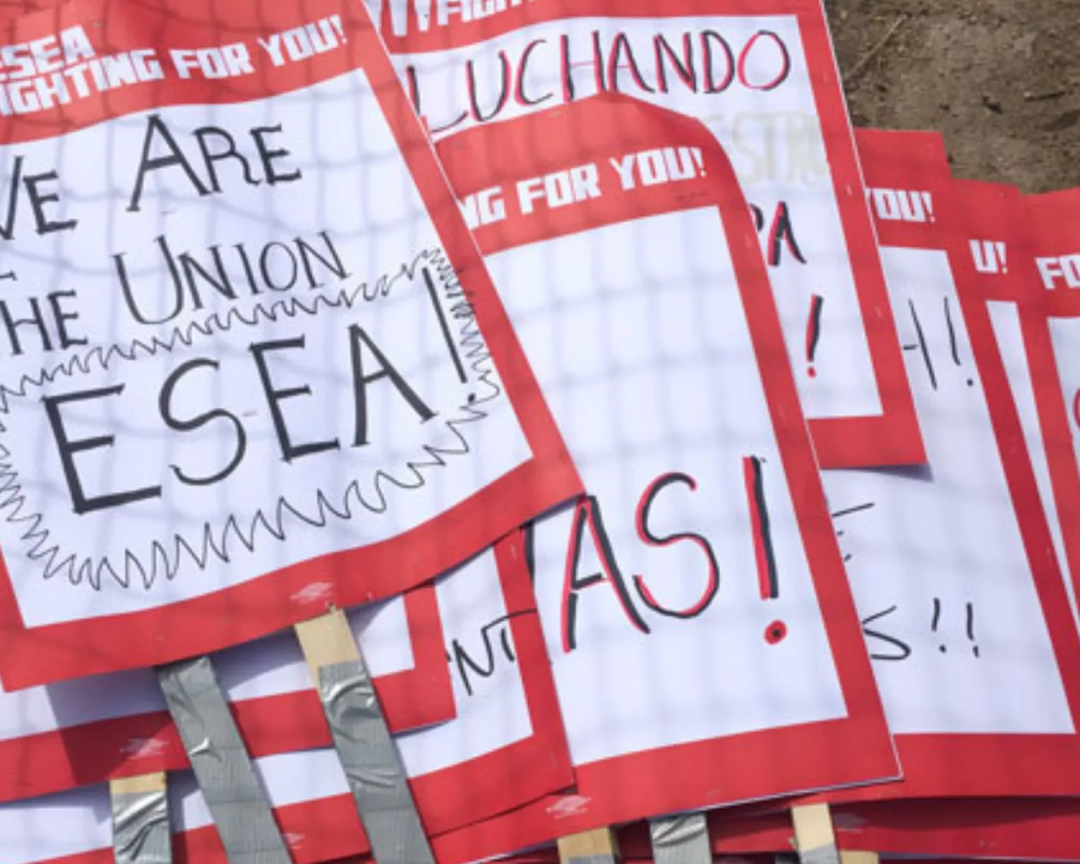 ESEA picket signs stacked on top of each other. The top sign reads "WE ARE THE UNION! ESEA!"