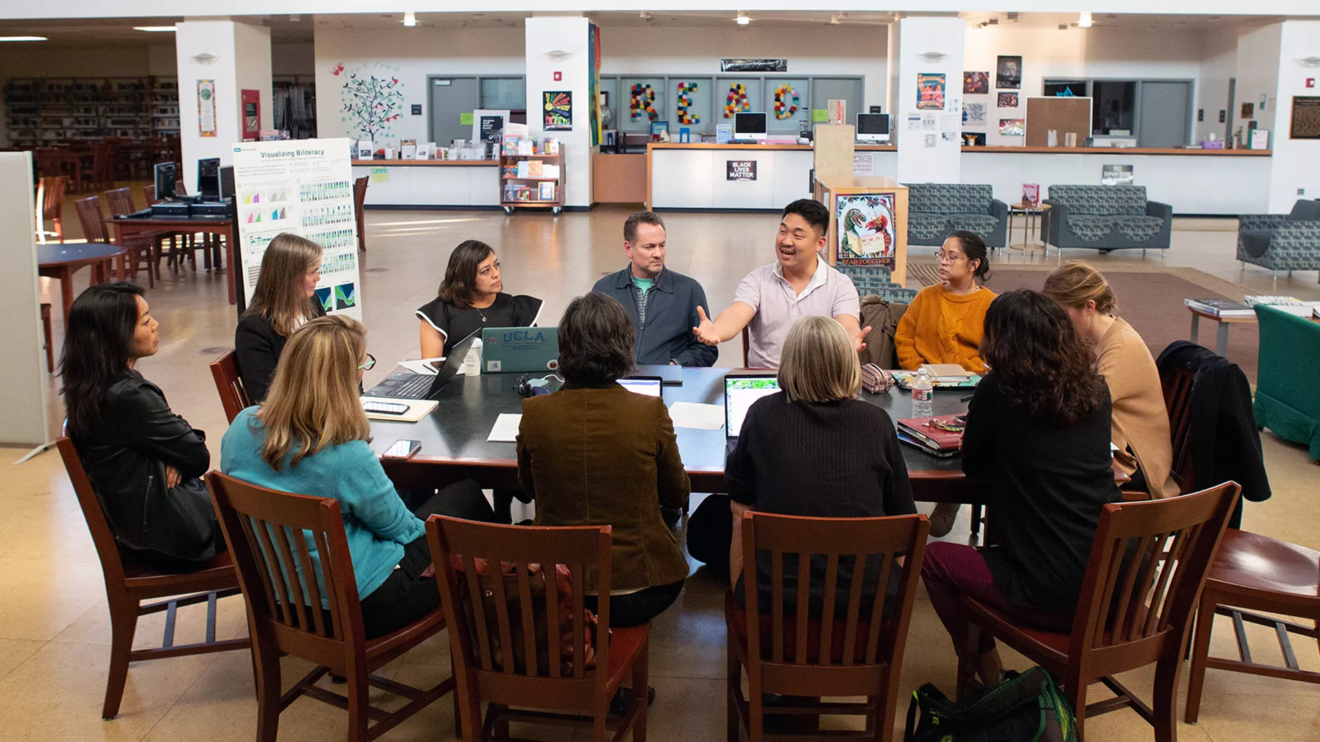 Teachers and staff from UCLA Community School meet with UCLA professors