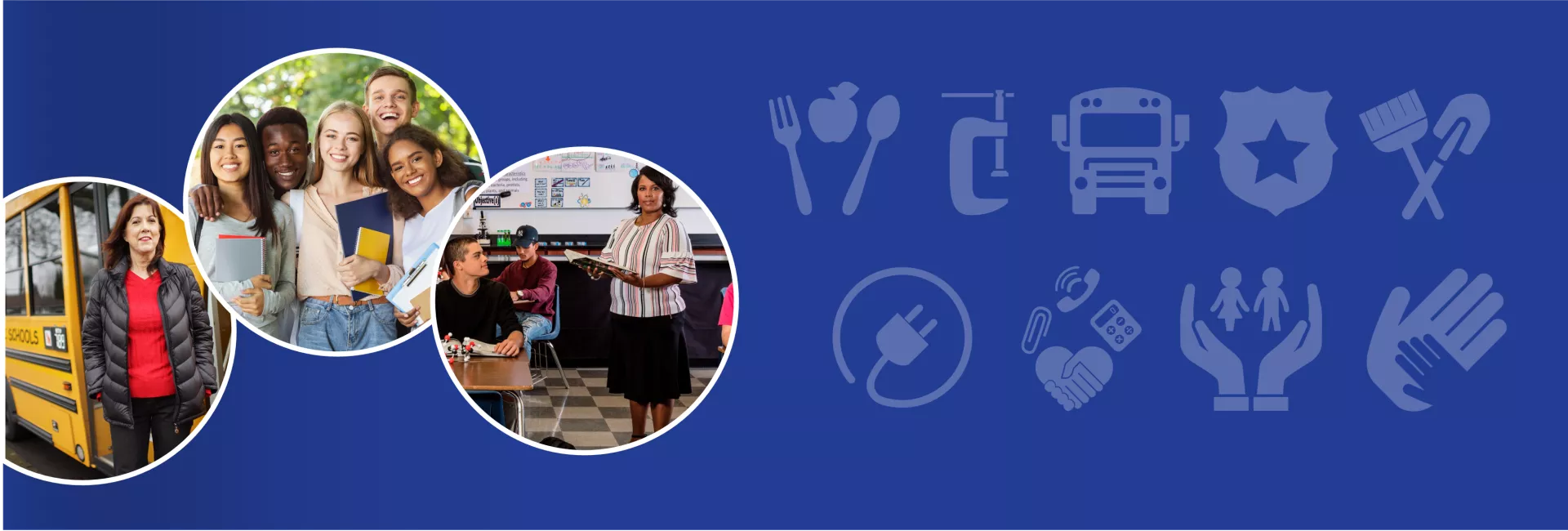Banner with three circles featuring a bus driver, a diverse group of students smiling, and a paraeducator