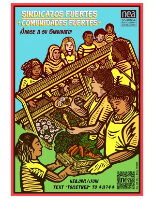 ¡Sindicatos fuertes = comunidades fuertes! Descargue nuestro póster y envíe un mensaje de texto TOGETHER al 48744 hoy.